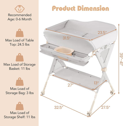 Baby Changing Table with Wheels, Portable Folding Diaper Station Nursery Organizer with Storage Basket, Hanging Rack, Adjustable Height, Safety Belt for Newborn Infant (Light Gray)