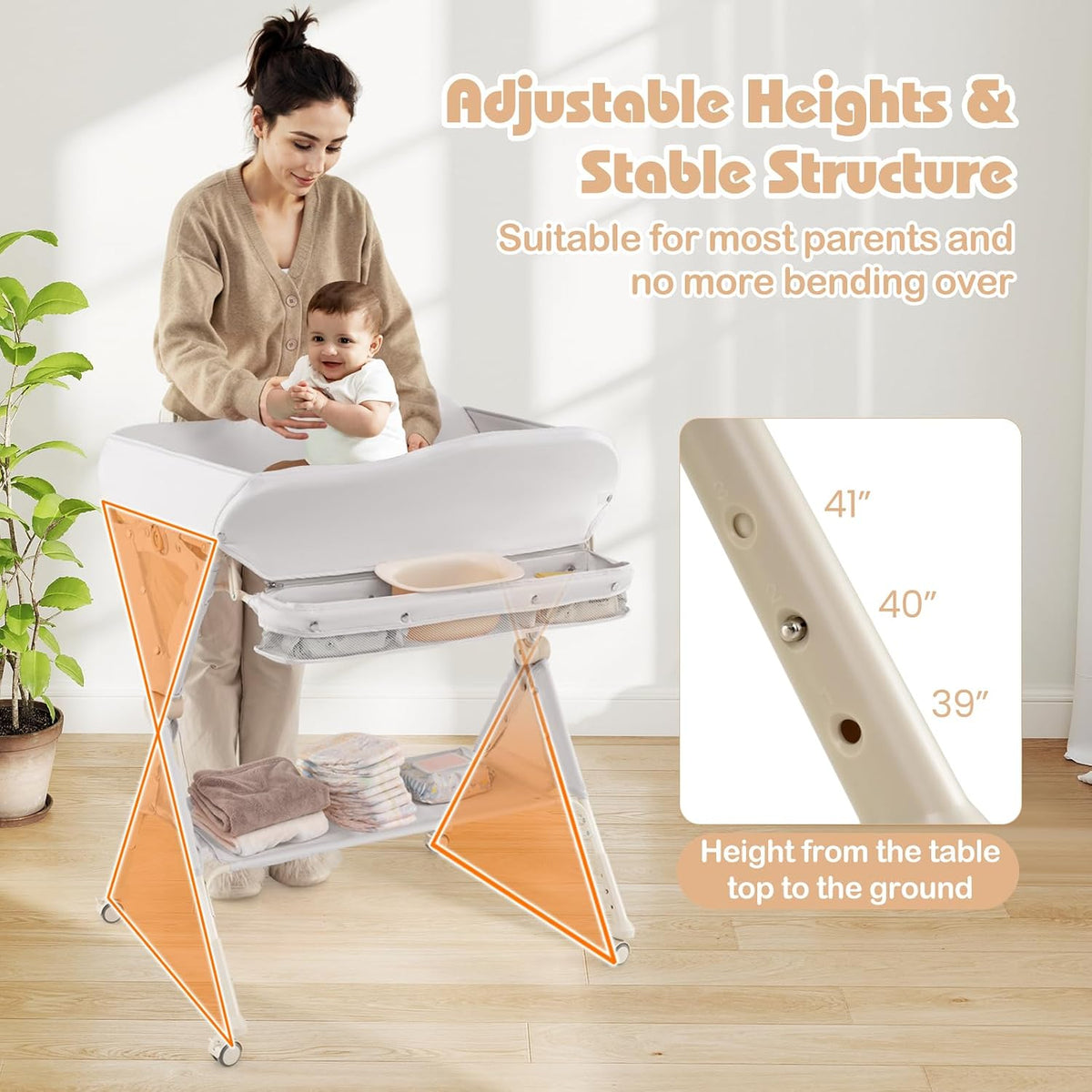 Baby Changing Table with Wheels, Portable Folding Diaper Station Nursery Organizer with Storage Basket, Hanging Rack, Adjustable Height, Safety Belt for Newborn Infant (Light Gray)