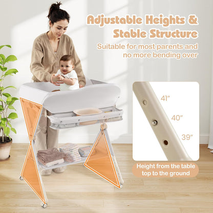 Baby Changing Table with Wheels, Portable Folding Diaper Station Nursery Organizer with Storage Basket, Hanging Rack, Adjustable Height, Safety Belt for Newborn Infant (Light Gray)