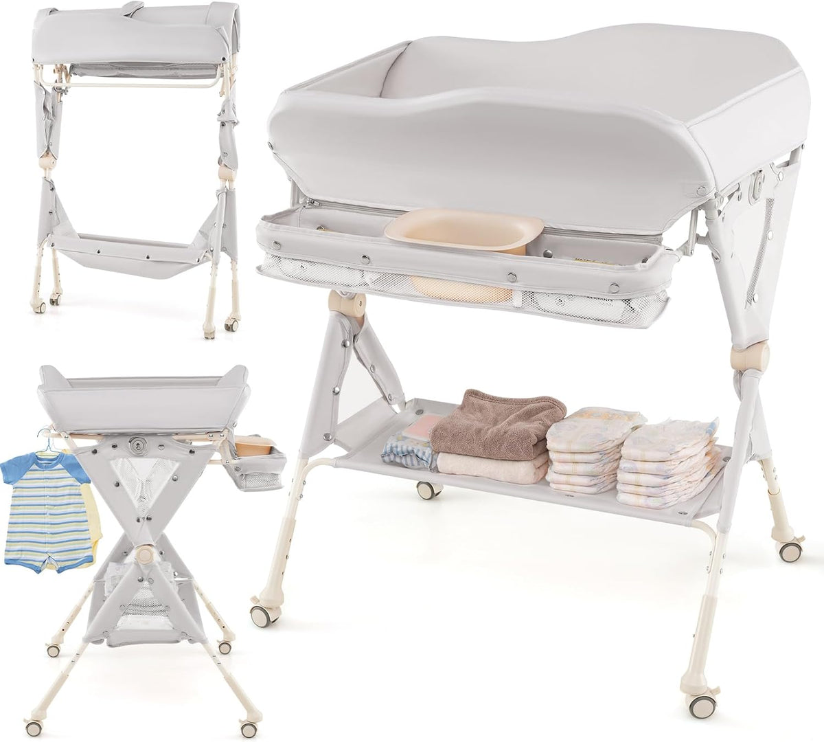 Baby Changing Table with Wheels, Portable Folding Diaper Station Nursery Organizer with Storage Basket, Hanging Rack, Adjustable Height, Safety Belt for Newborn Infant (Light Gray)