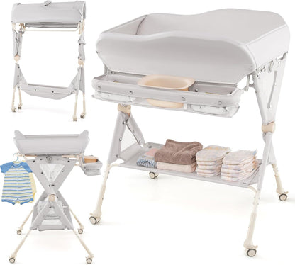 Baby Changing Table with Wheels, Portable Folding Diaper Station Nursery Organizer with Storage Basket, Hanging Rack, Adjustable Height, Safety Belt for Newborn Infant (Light Gray)