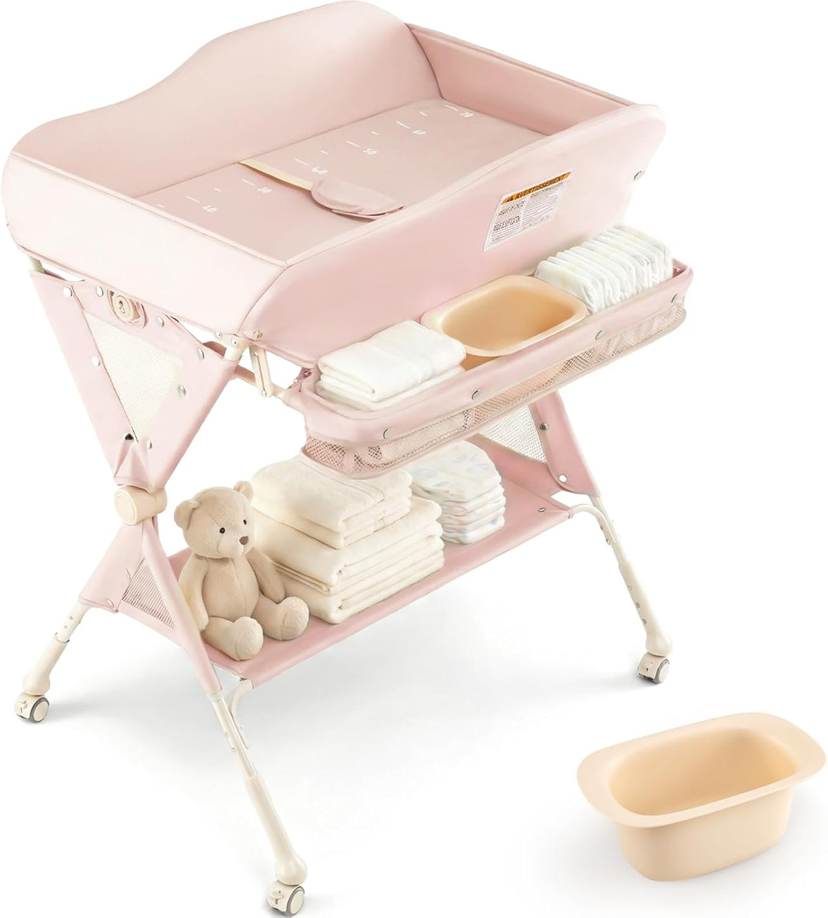 Baby Changing Table with Wheels, Portable Folding Diaper Station Nursery Organizer with Storage Basket, Hanging Rack, Adjustable Height, Safety Belt for Newborn Infant (Light Gray)