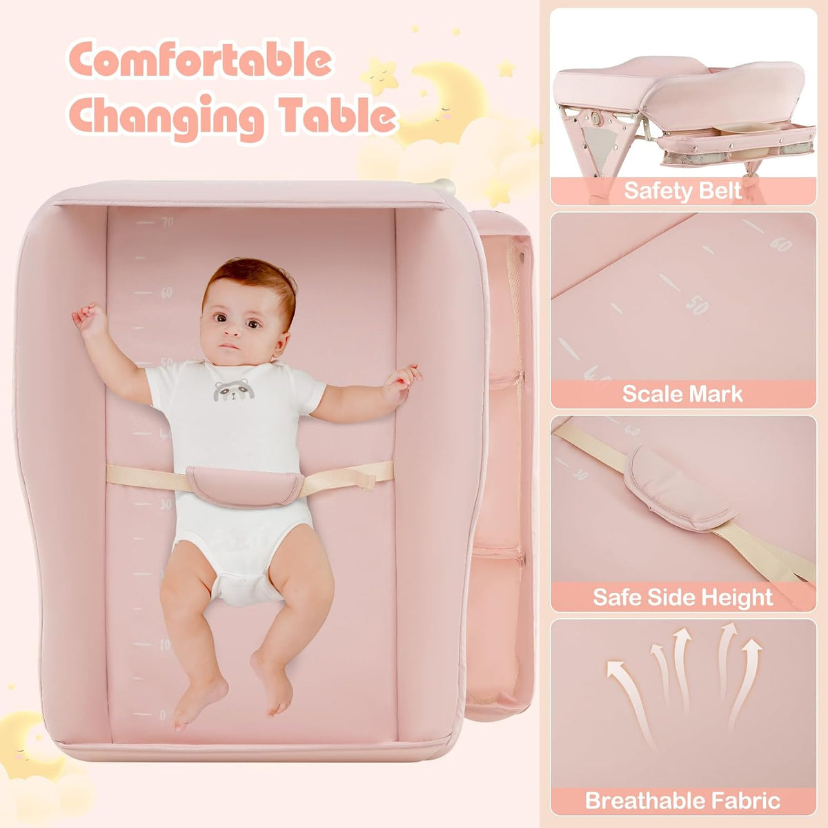 Baby Changing Table with Wheels, Portable Folding Diaper Station Nursery Organizer with Storage Basket, Hanging Rack, Adjustable Height, Safety Belt for Newborn Infant (Light Gray)