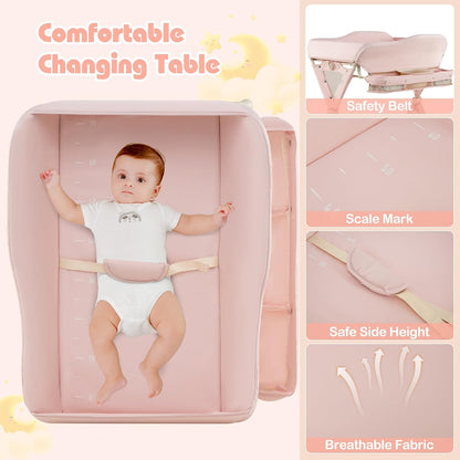 Baby Changing Table with Wheels, Portable Folding Diaper Station Nursery Organizer with Storage Basket, Hanging Rack, Adjustable Height, Safety Belt for Newborn Infant (Light Gray)
