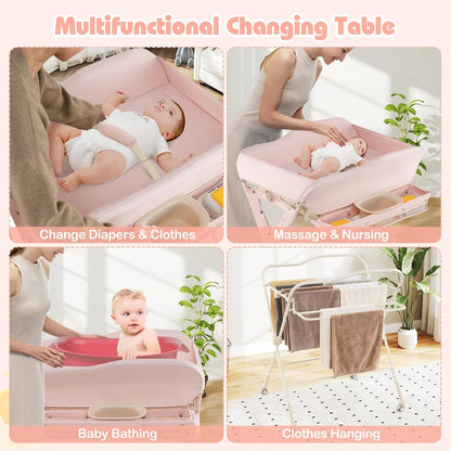 Baby Changing Table with Wheels, Portable Folding Diaper Station Nursery Organizer with Storage Basket, Hanging Rack, Adjustable Height, Safety Belt for Newborn Infant (Light Gray)