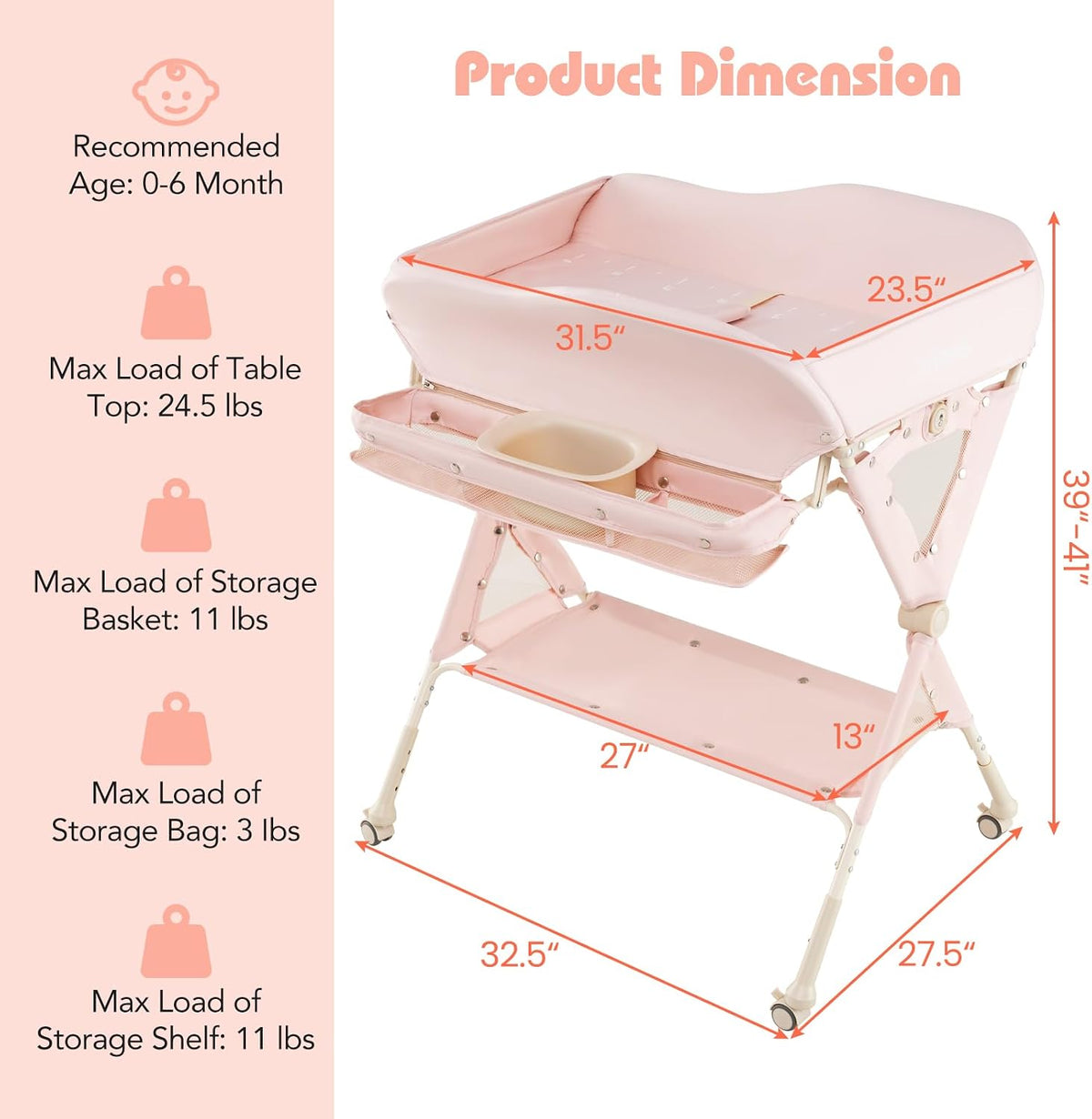 Baby Changing Table with Wheels, Portable Folding Diaper Station Nursery Organizer with Storage Basket, Hanging Rack, Adjustable Height, Safety Belt for Newborn Infant (Light Gray)