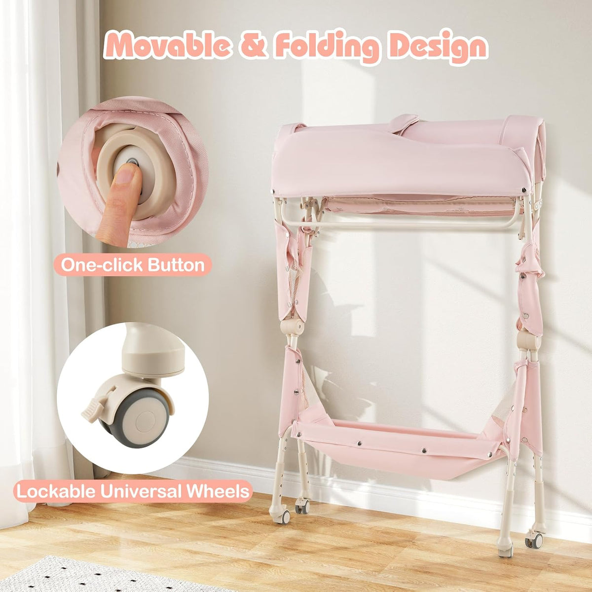 Baby Changing Table with Wheels, Portable Folding Diaper Station Nursery Organizer with Storage Basket, Hanging Rack, Adjustable Height, Safety Belt for Newborn Infant (Light Gray)