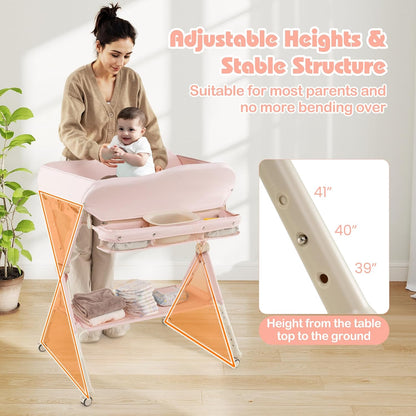 Baby Changing Table with Wheels, Portable Folding Diaper Station Nursery Organizer with Storage Basket, Hanging Rack, Adjustable Height, Safety Belt for Newborn Infant (Light Gray)