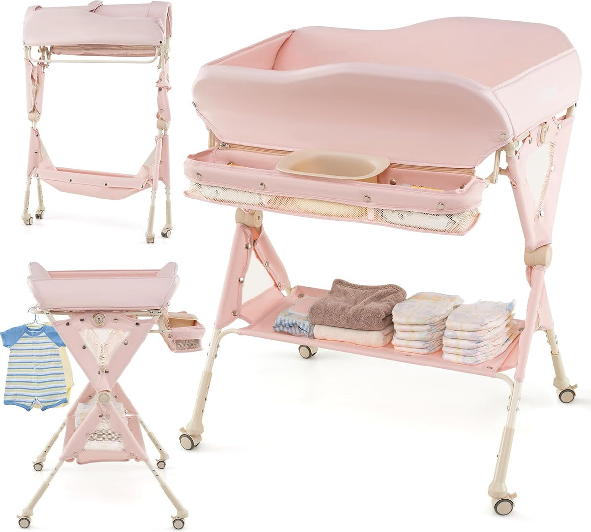 Baby Changing Table with Wheels, Portable Folding Diaper Station Nursery Organizer with Storage Basket, Hanging Rack, Adjustable Height, Safety Belt for Newborn Infant (Light Gray)