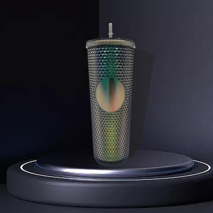 Studded Tumbler With Straw Tumblers With Lids And Straws Iridescent Blue Cups Water Cup With Straw And Lid BPA-Free Double-Wall Plastic for Iced Coffee Cups or Water 24 Oz