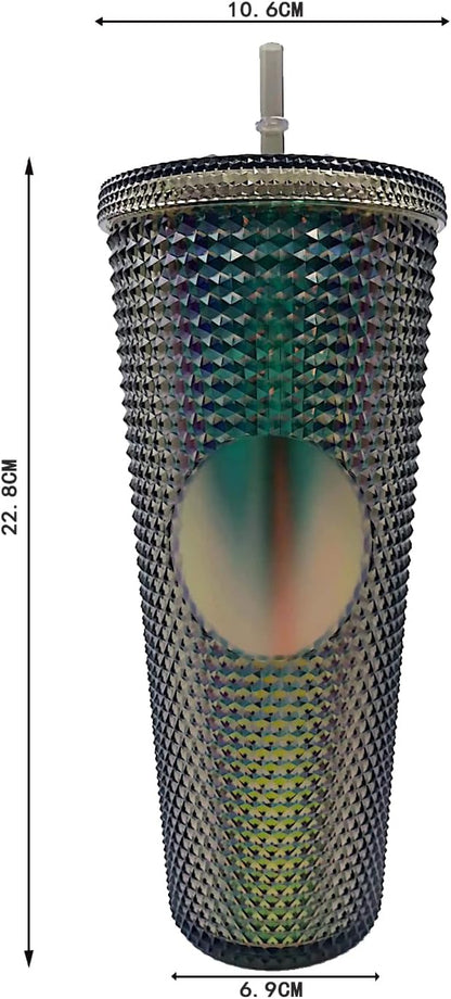 Studded Tumbler With Straw Tumblers With Lids And Straws Iridescent Blue Cups Water Cup With Straw And Lid BPA-Free Double-Wall Plastic for Iced Coffee Cups or Water 24 Oz