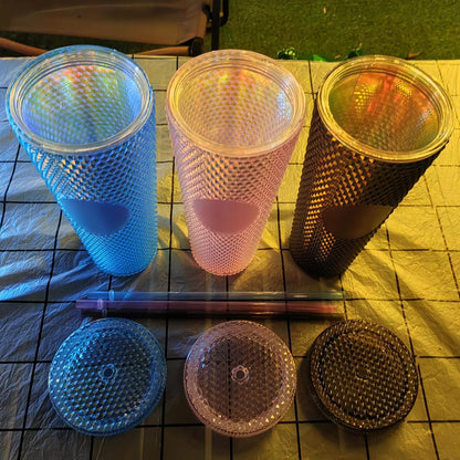 Studded Tumbler With Straw Tumblers With Lids And Straws Iridescent Blue Cups Water Cup With Straw And Lid BPA-Free Double-Wall Plastic for Iced Coffee Cups or Water 24 Oz