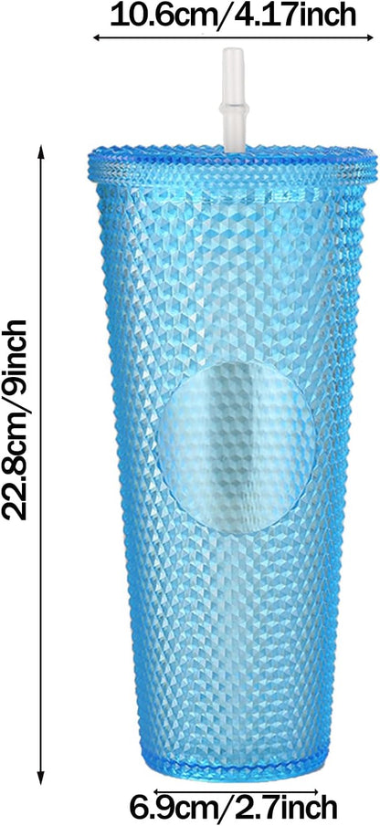 Studded Tumbler With Straw Tumblers With Lids And Straws Iridescent Blue Cups Water Cup With Straw And Lid BPA-Free Double-Wall Plastic for Iced Coffee Cups or Water 24 Oz
