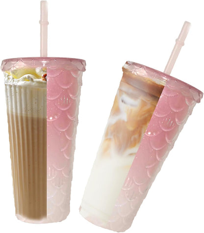 Studded Tumbler With Straw Tumblers With Lids And Straws Iridescent Blue Cups Water Cup With Straw And Lid BPA-Free Double-Wall Plastic for Iced Coffee Cups or Water 24 Oz