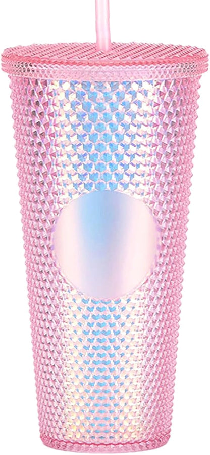 Studded Tumbler With Straw Tumblers With Lids And Straws Iridescent Blue Cups Water Cup With Straw And Lid BPA-Free Double-Wall Plastic for Iced Coffee Cups or Water 24 Oz