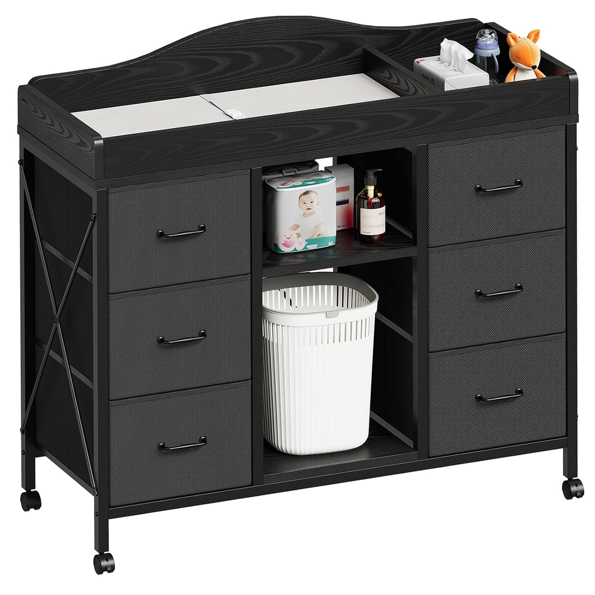Changing Table, 6-Drawer Dresser, Adjustable Shelves, Mobile, Black