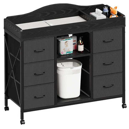 Changing Table, 6-Drawer Dresser, Adjustable Shelves, Mobile, Black