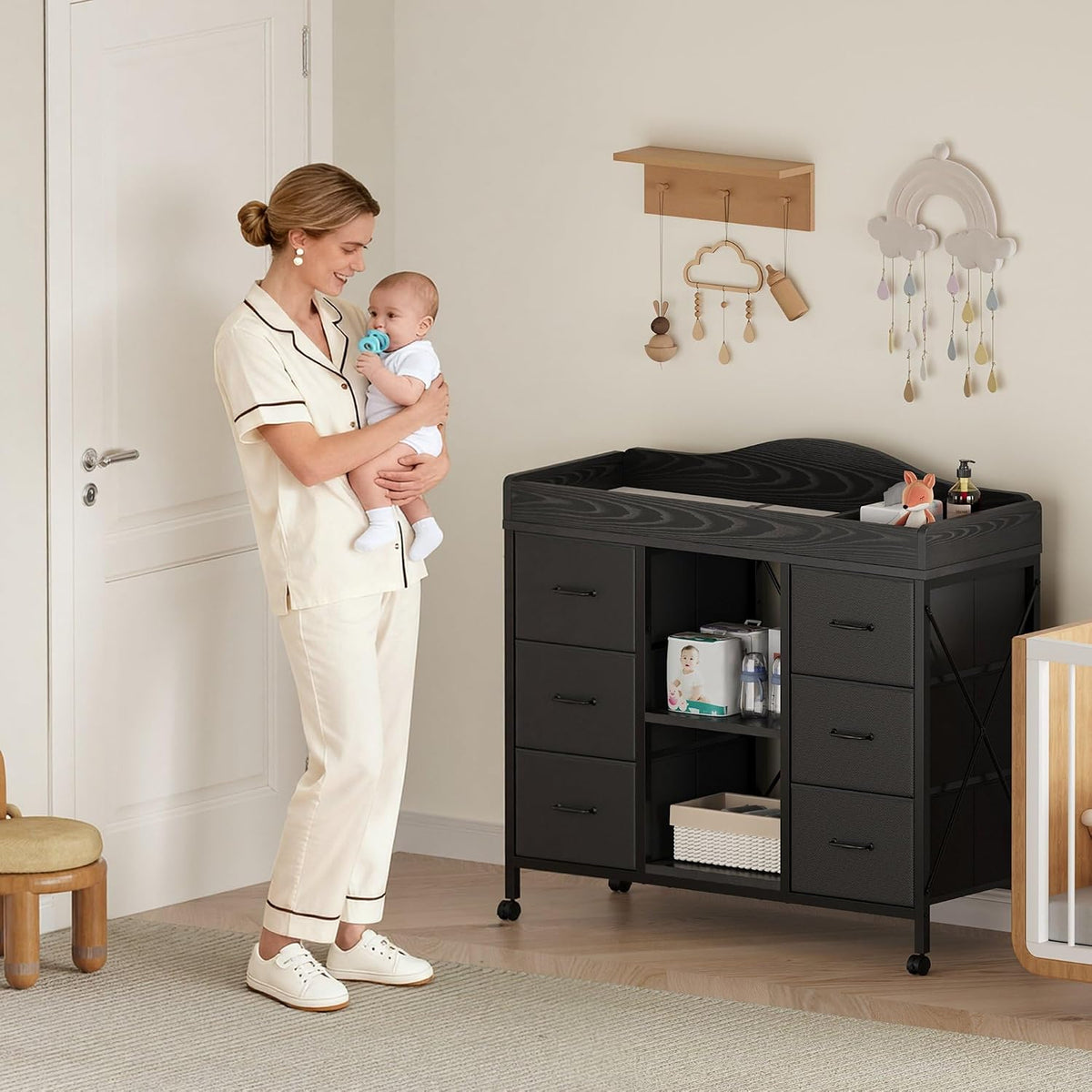 Changing Table, 6-Drawer Dresser, Adjustable Shelves, Mobile, Black