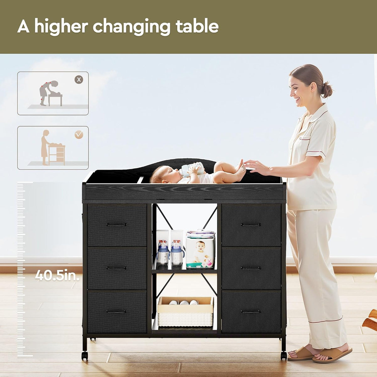 Changing Table, 6-Drawer Dresser, Adjustable Shelves, Mobile, Black