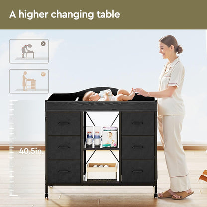 Changing Table, 6-Drawer Dresser, Adjustable Shelves, Mobile, Black