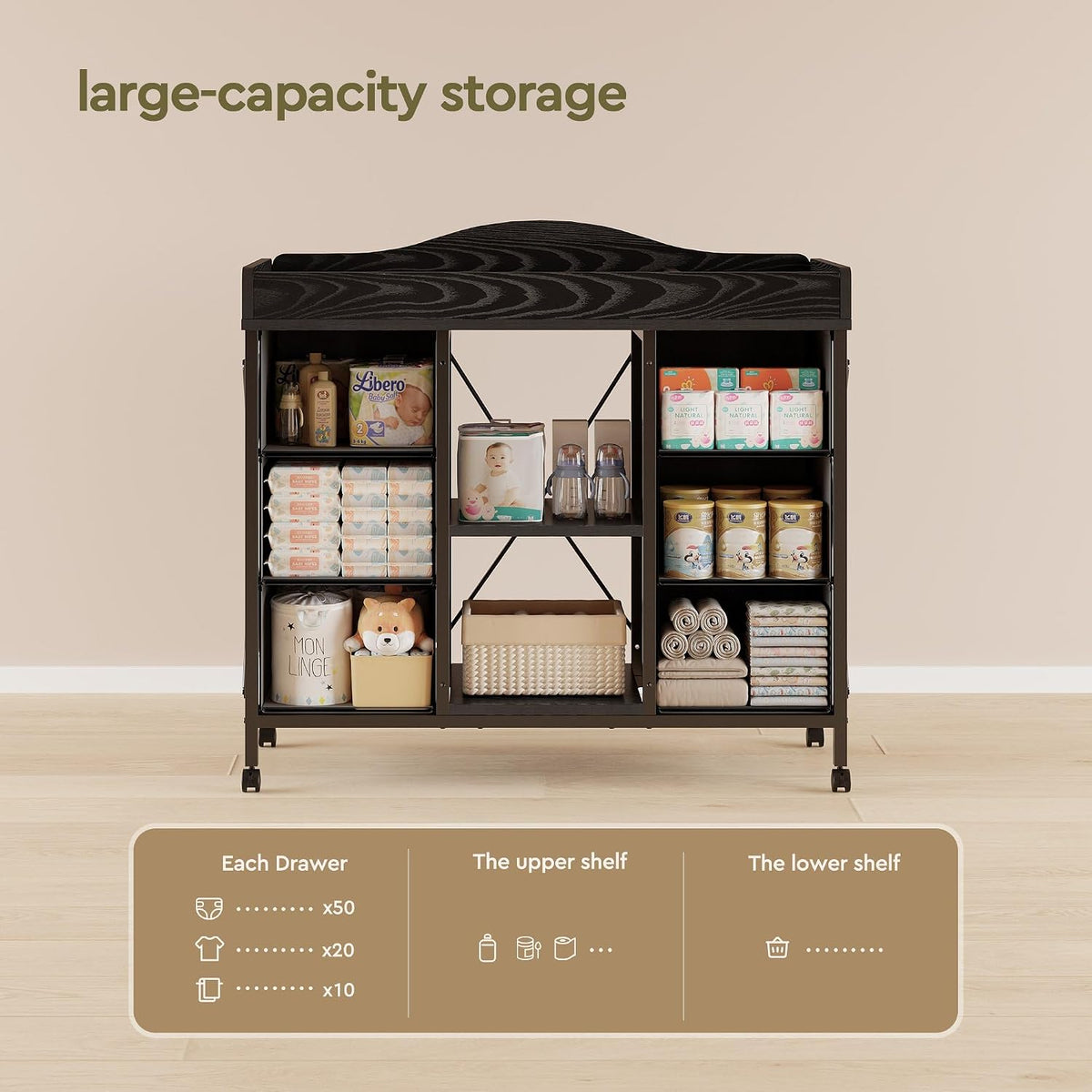Changing Table, 6-Drawer Dresser, Adjustable Shelves, Mobile, Black