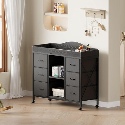 Changing Table, 6-Drawer Dresser, Adjustable Shelves, Mobile, Black