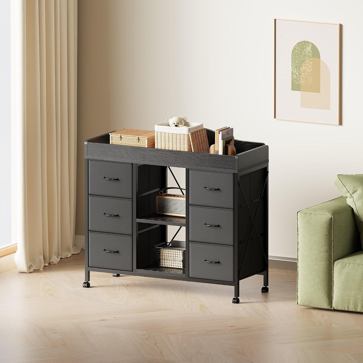 Changing Table, 6-Drawer Dresser, Adjustable Shelves, Mobile, Black