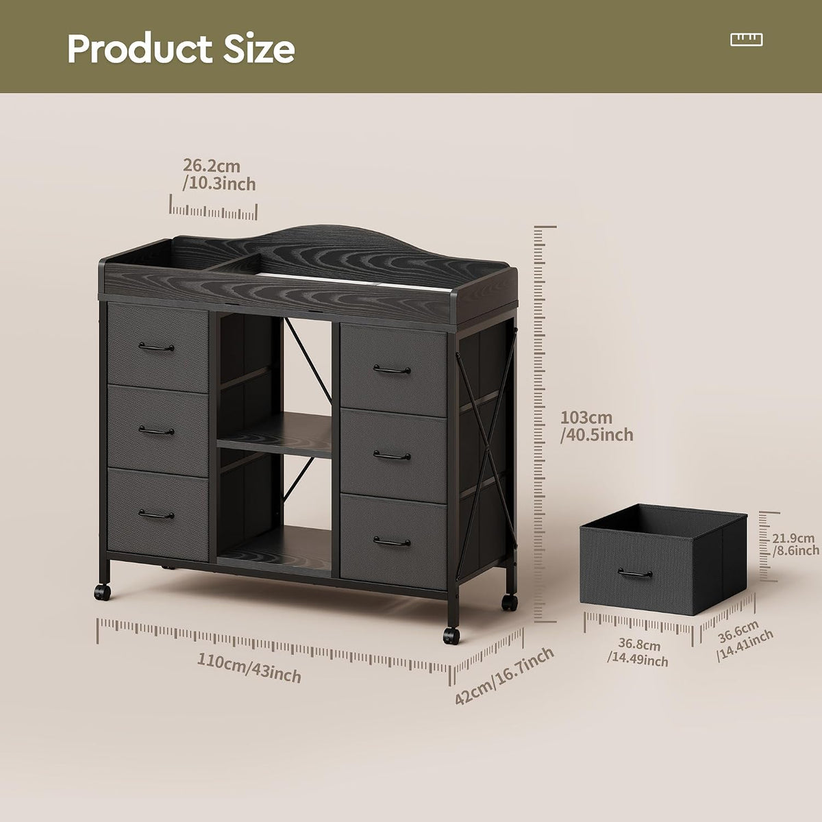 Changing Table, 6-Drawer Dresser, Adjustable Shelves, Mobile, Black