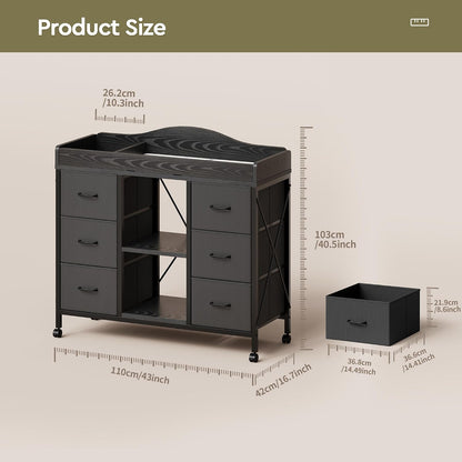 Changing Table, 6-Drawer Dresser, Adjustable Shelves, Mobile, Black