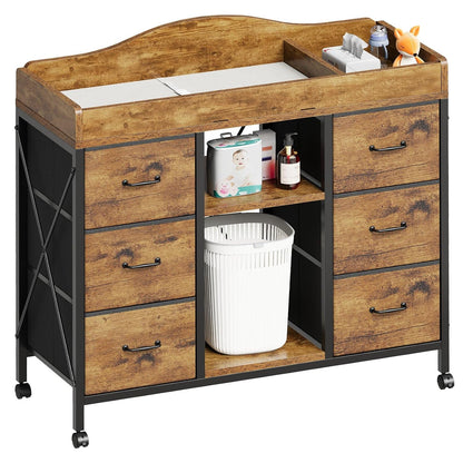 Changing Table, 6-Drawer Dresser, Adjustable Shelves, Mobile, Black