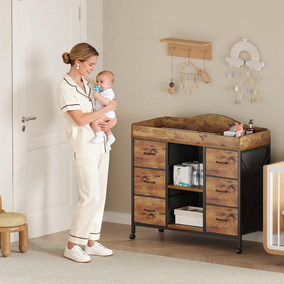Changing Table, 6-Drawer Dresser, Adjustable Shelves, Mobile, Black