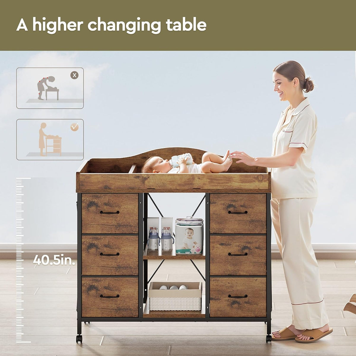 Changing Table, 6-Drawer Dresser, Adjustable Shelves, Mobile, Black