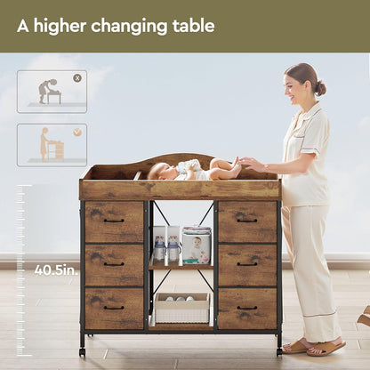 Changing Table, 6-Drawer Dresser, Adjustable Shelves, Mobile, Black
