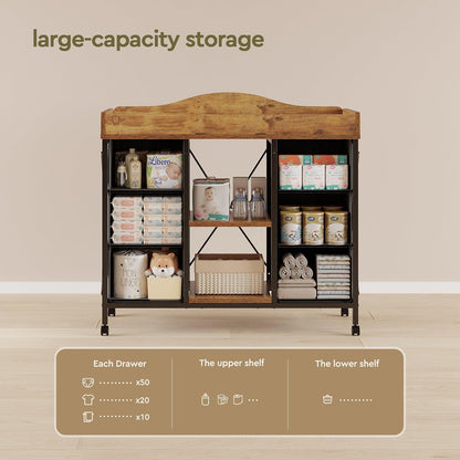 Changing Table, 6-Drawer Dresser, Adjustable Shelves, Mobile, Black