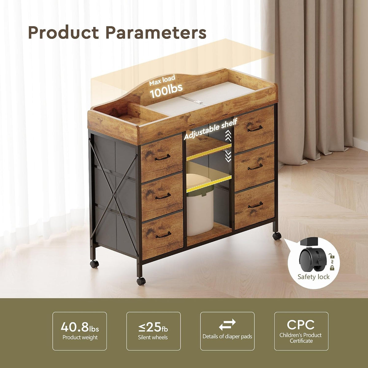 Changing Table, 6-Drawer Dresser, Adjustable Shelves, Mobile, Black