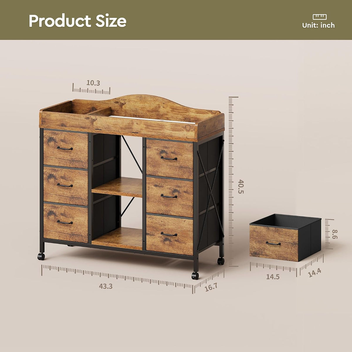 Changing Table, 6-Drawer Dresser, Adjustable Shelves, Mobile, Black