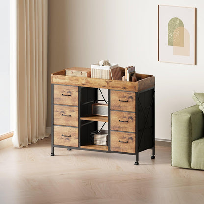 Changing Table, 6-Drawer Dresser, Adjustable Shelves, Mobile, Black