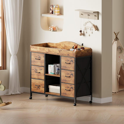Changing Table, 6-Drawer Dresser, Adjustable Shelves, Mobile, Black