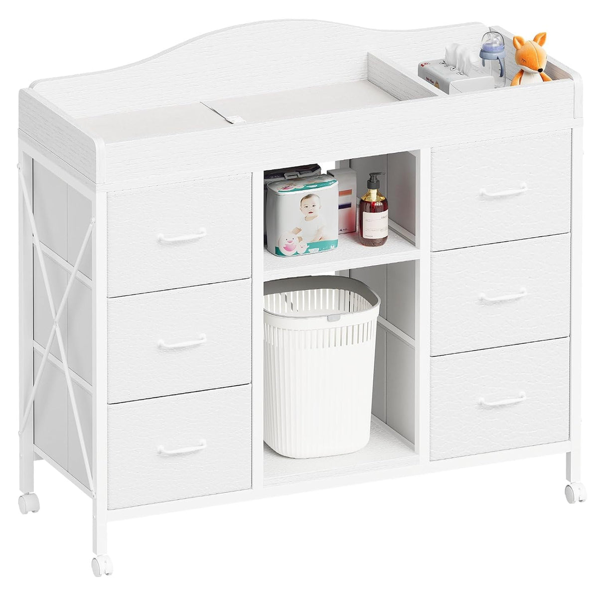 Changing Table, 6-Drawer Dresser, Adjustable Shelves, Mobile, Black