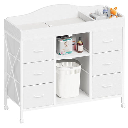Changing Table, 6-Drawer Dresser, Adjustable Shelves, Mobile, Black