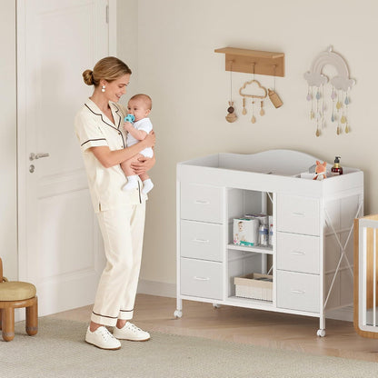 Changing Table, 6-Drawer Dresser, Adjustable Shelves, Mobile, Black