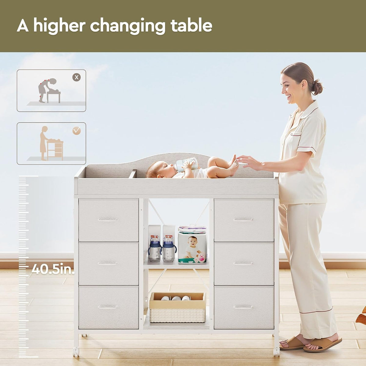Changing Table, 6-Drawer Dresser, Adjustable Shelves, Mobile, Black