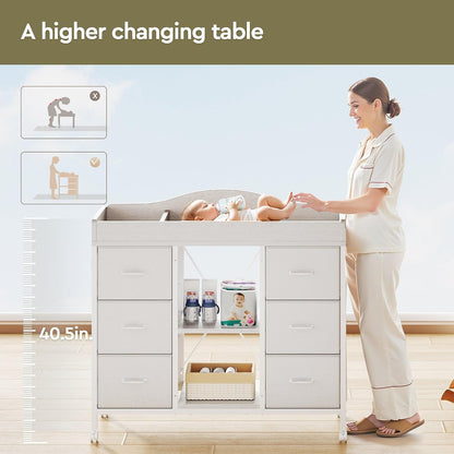 Changing Table, 6-Drawer Dresser, Adjustable Shelves, Mobile, Black