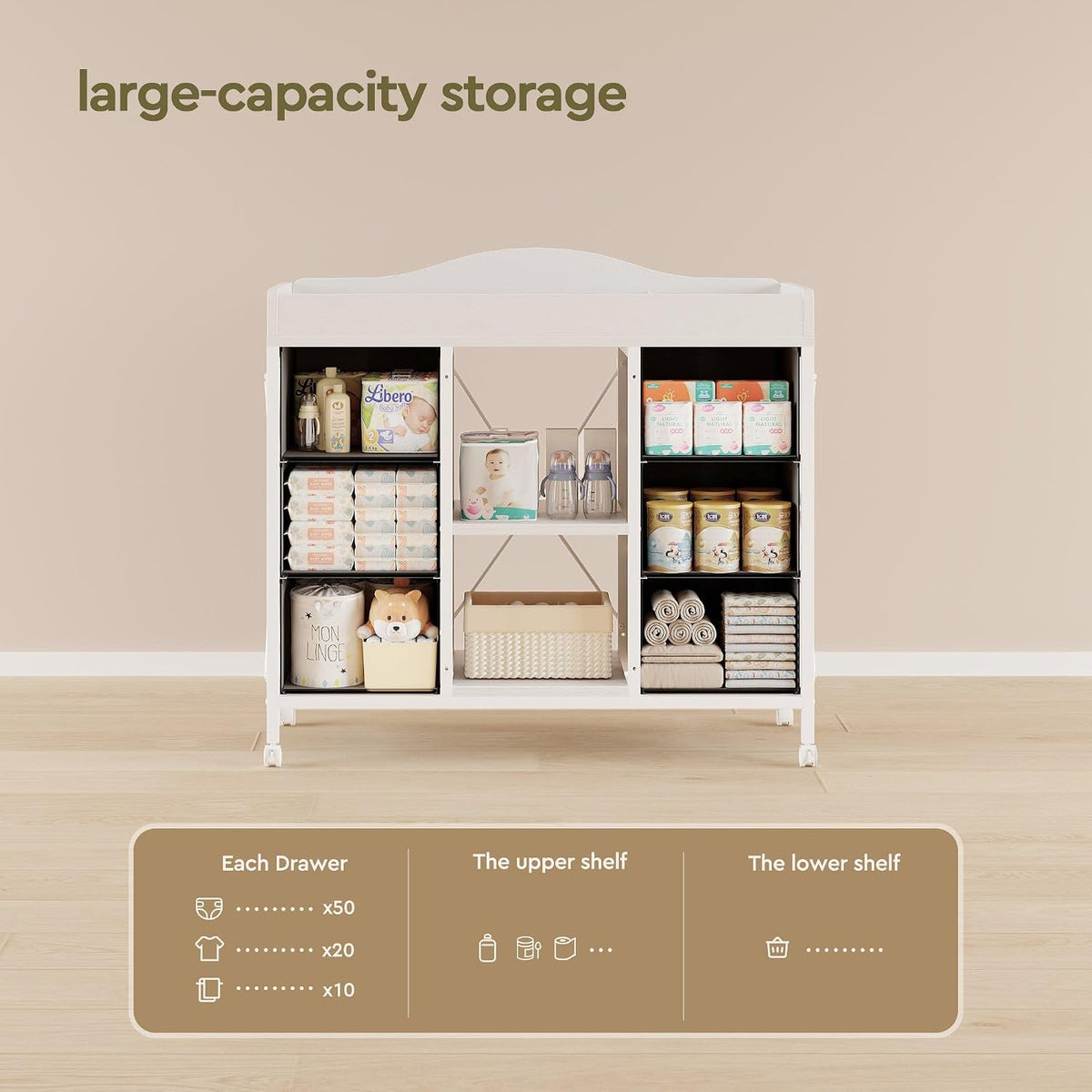 Changing Table, 6-Drawer Dresser, Adjustable Shelves, Mobile, Black