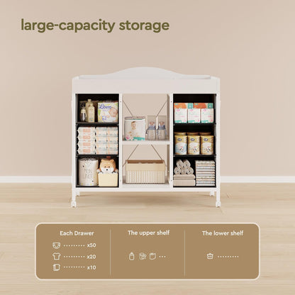 Changing Table, 6-Drawer Dresser, Adjustable Shelves, Mobile, Black