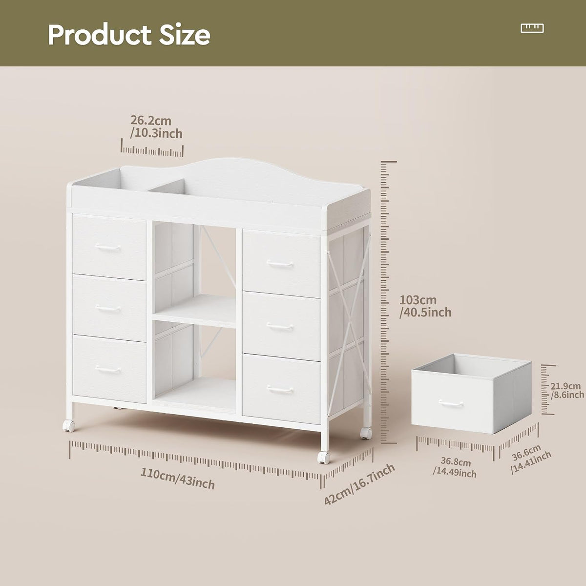 Changing Table, 6-Drawer Dresser, Adjustable Shelves, Mobile, Black