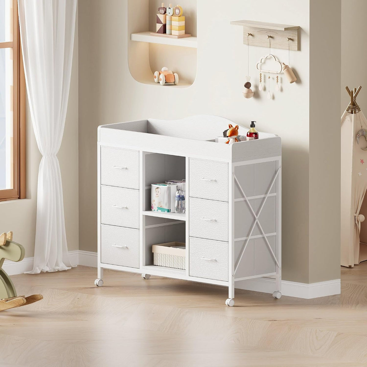 Changing Table, 6-Drawer Dresser, Adjustable Shelves, Mobile, Black