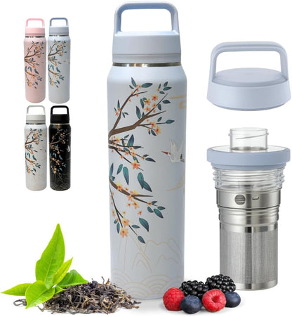 Farasi Loose Leaf Tea Infuser Bottle Wide Mouth Coffee, Fruit, Insulated Stainless Steel Water Bottle Infuser Tumbler - Leakproof Built In Handle Travel Mug Pink Floral 24 oz