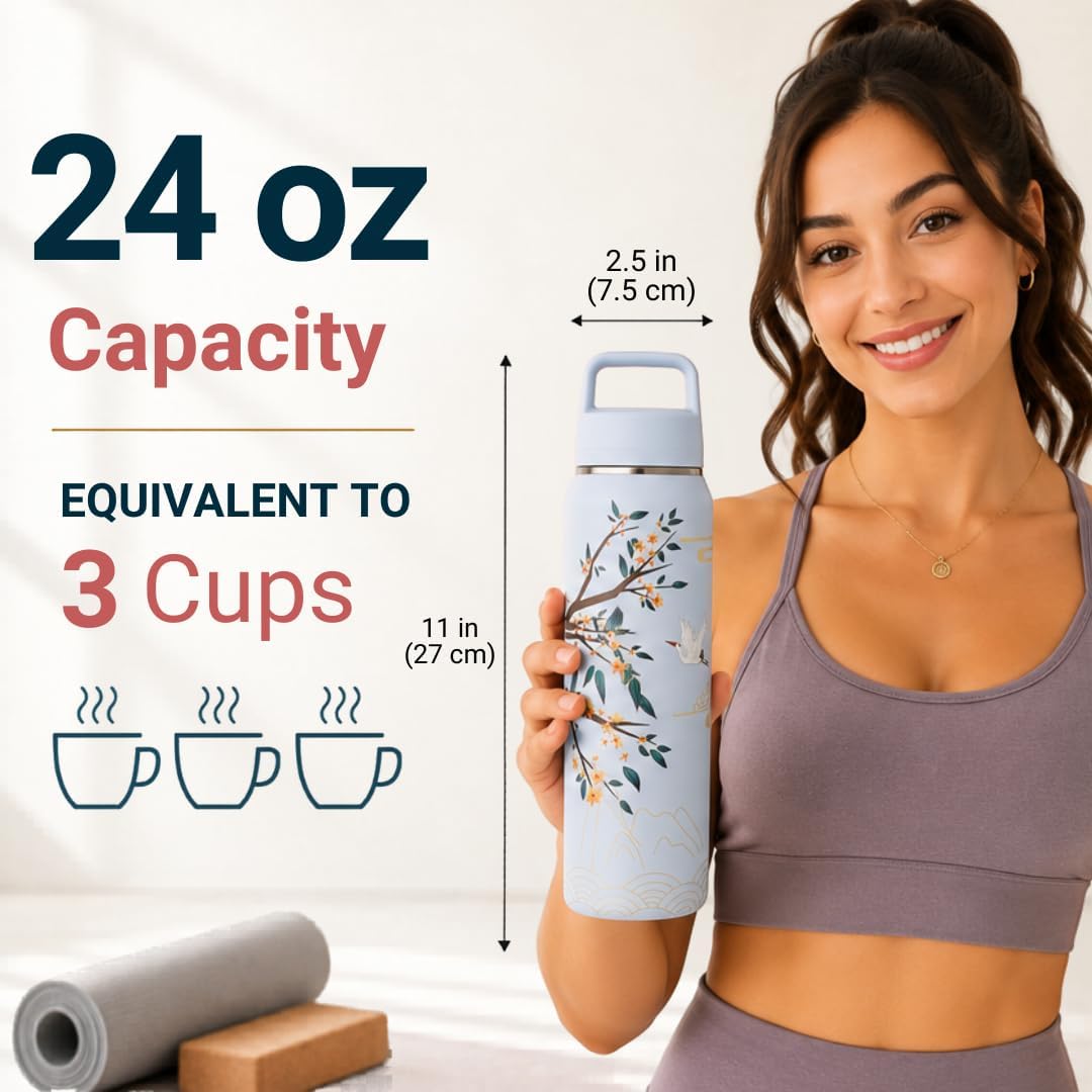 Farasi Loose Leaf Tea Infuser Bottle Wide Mouth Coffee, Fruit, Insulated Stainless Steel Water Bottle Infuser Tumbler - Leakproof Built In Handle Travel Mug Pink Floral 24 oz