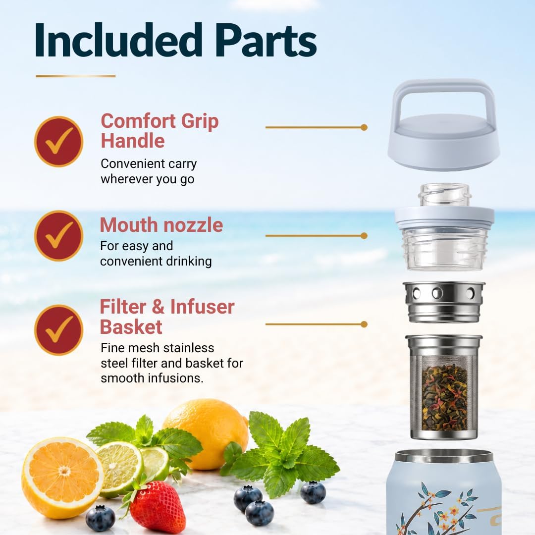 Farasi Loose Leaf Tea Infuser Bottle Wide Mouth Coffee, Fruit, Insulated Stainless Steel Water Bottle Infuser Tumbler - Leakproof Built In Handle Travel Mug Pink Floral 24 oz